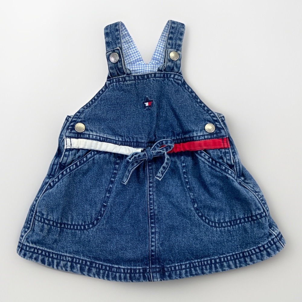 Vintage Tommy Hilfiger Baby Girl 6 12 Months Denim Jumper Dress Overall Logo 90s
